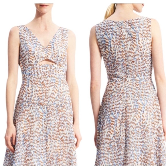 THEORY Abstract Print A-Line Sleeveless V-Neck Cut-Out Cocktail Midi Dress NEW - Picture 5 of 15